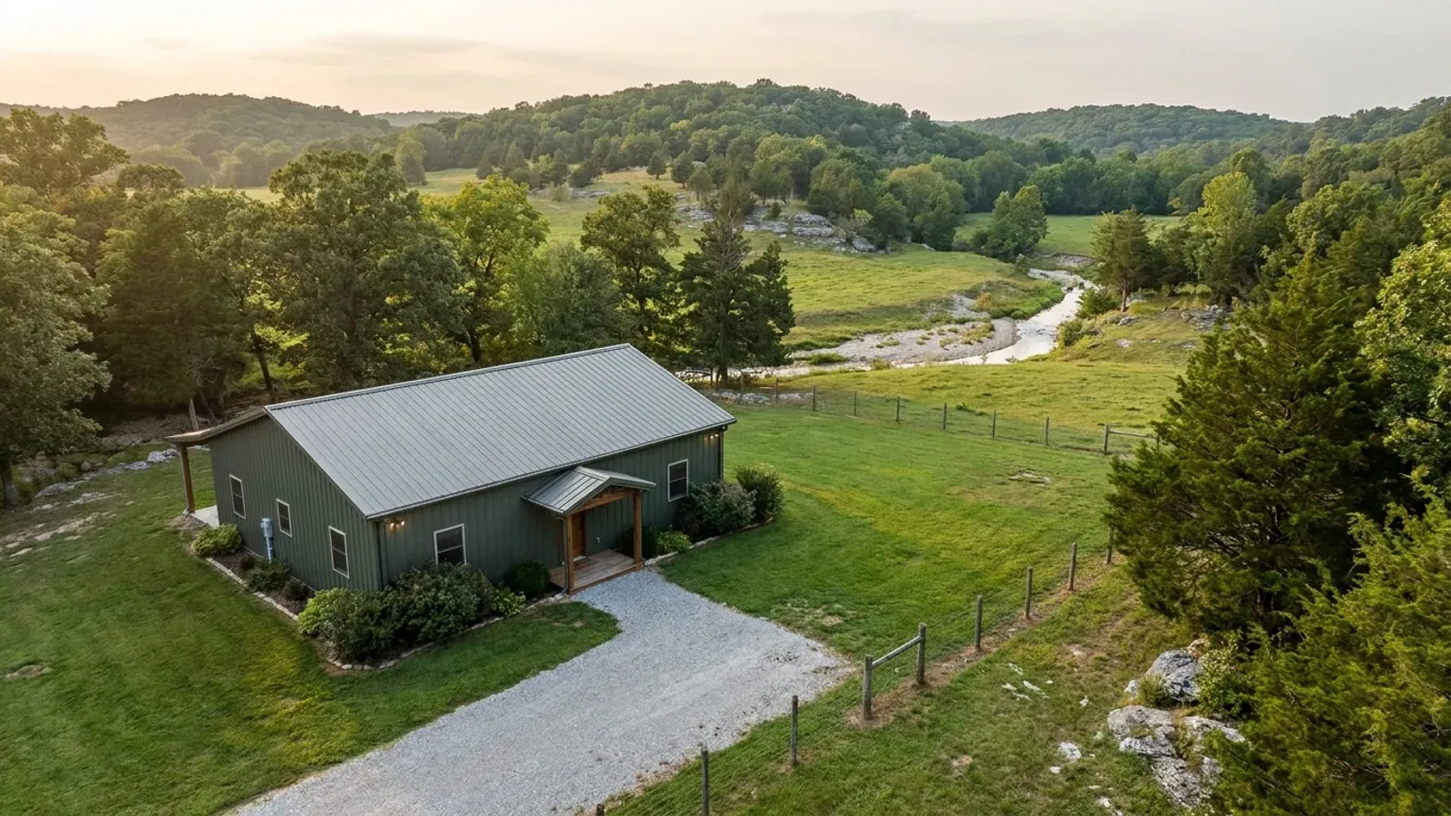 A compact 30x40 barndominium sized like a starter home or cabin, with a covered entry porch and no large shop bay.