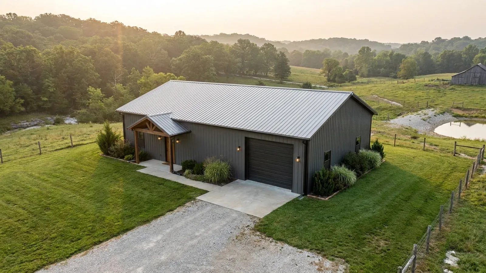 A completed 40x60 barndominium showing a residential entry on one end and a wide shop door on the other under one continuous roof.