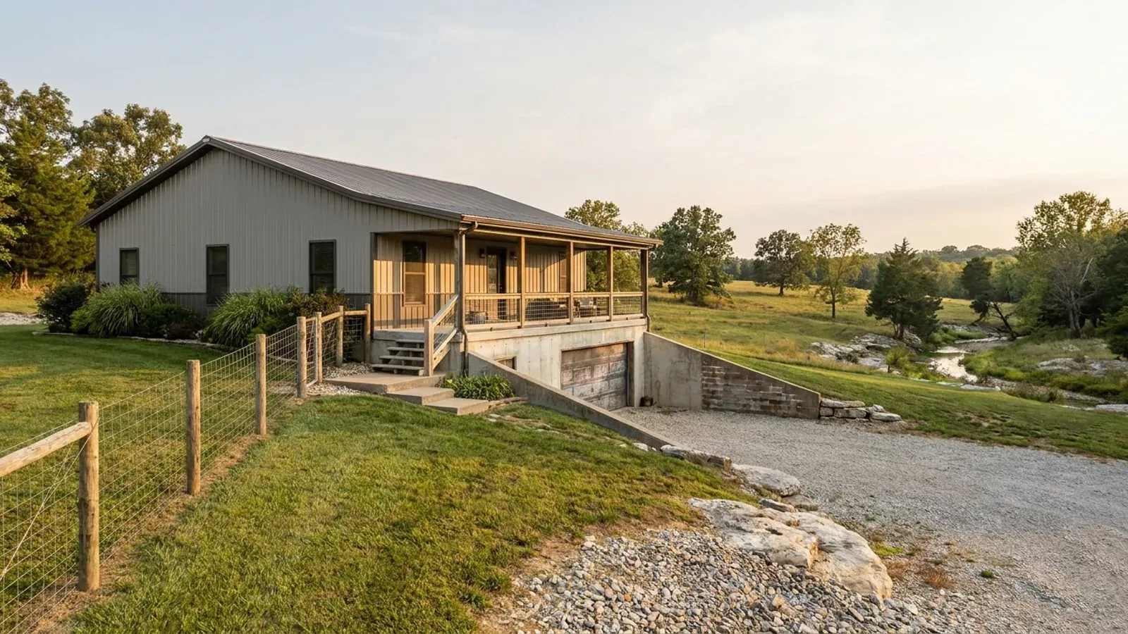 A barndominium raised on a stem-wall foundation with steps up to the entry and enclosed storage space beneath the elevated floor.