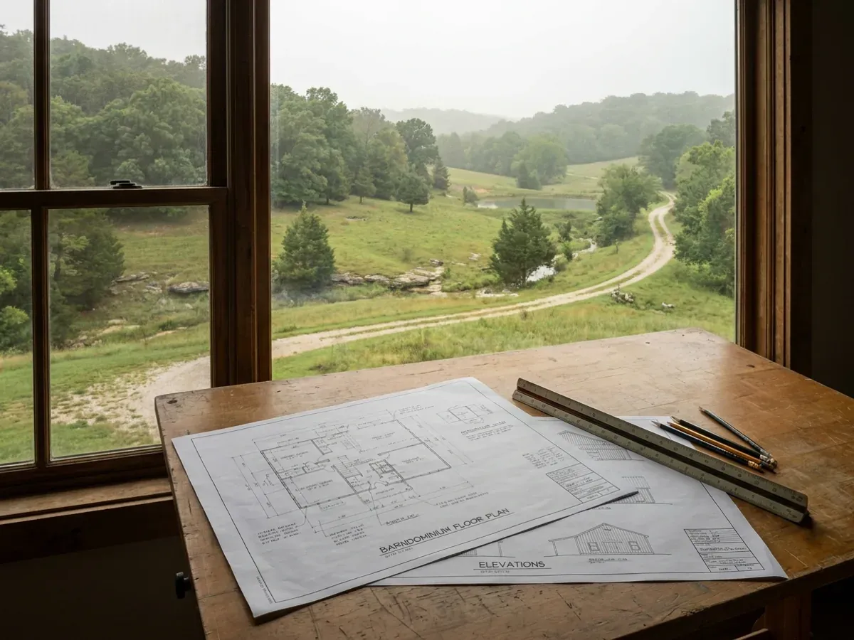 Barndominium floor plan and elevation drawings laid out on a drafting table with a scale rule.