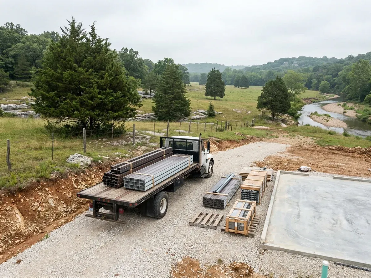 A flatbed truck delivering banded steel frame members and stacked metal roof panels to a building site beside a finished concrete slab.