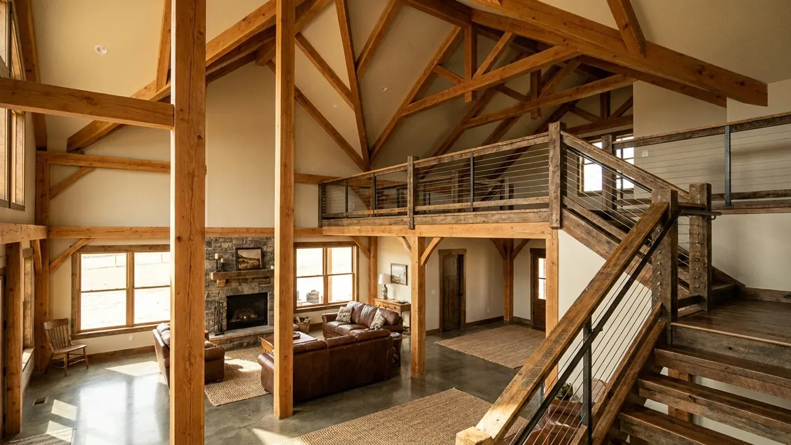 A barndominium great room with an open loft level and railing built over part of the room, reached by an open staircase.