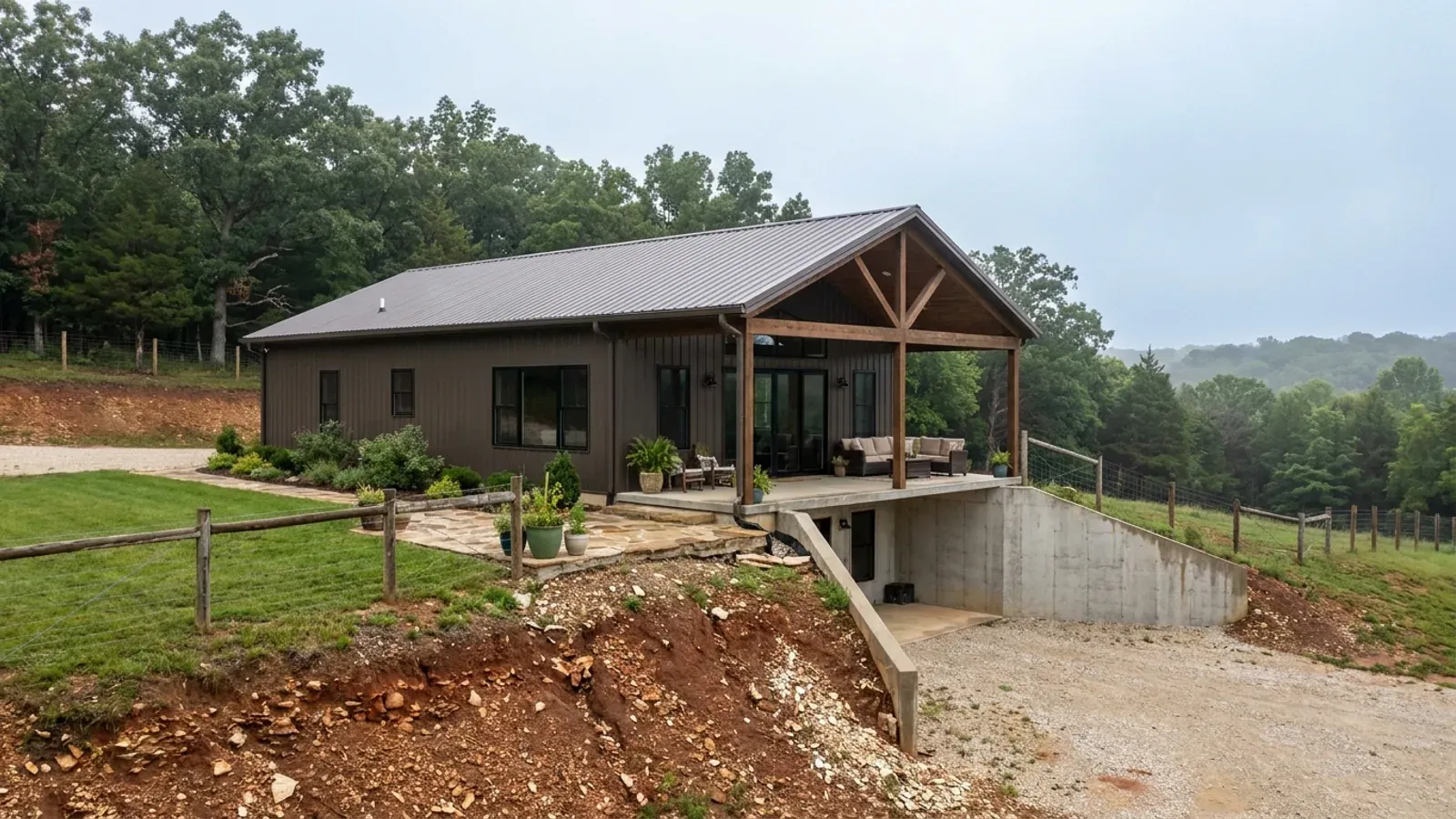 A barndominium with a walkout basement built into a sloping lot, the lower level opening onto a patio at grade.