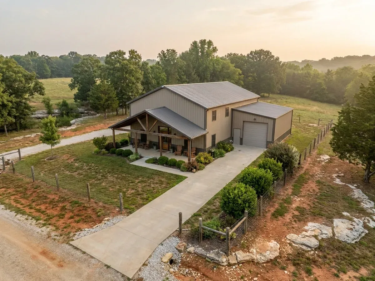 A completed barndominium home viewed from the front corner, with finished landscaping, a covered entry porch and an attached shop bay.