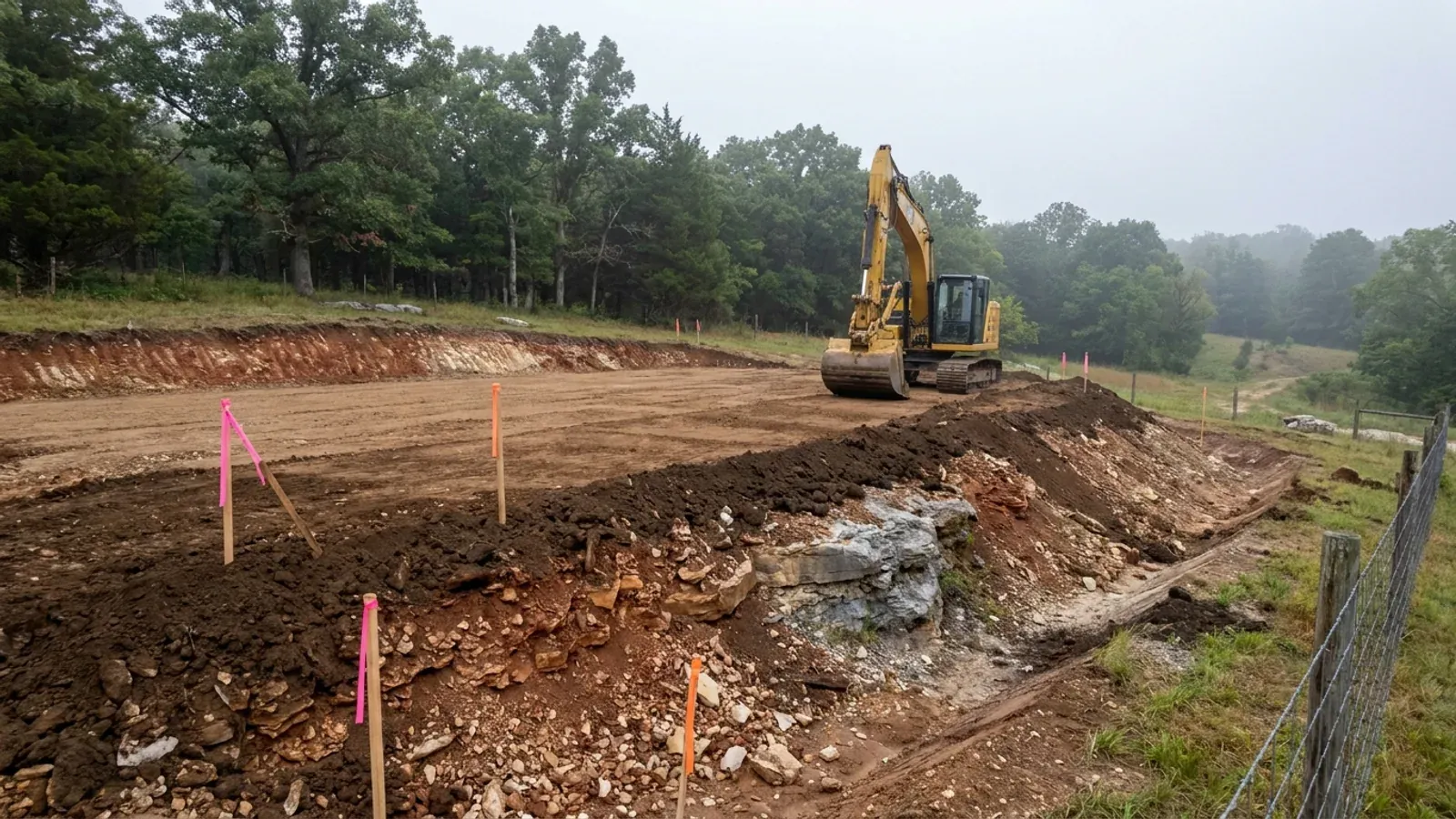 An excavator grading a compacted building pad on a cleared lot, with survey stakes and a drainage swale visible.