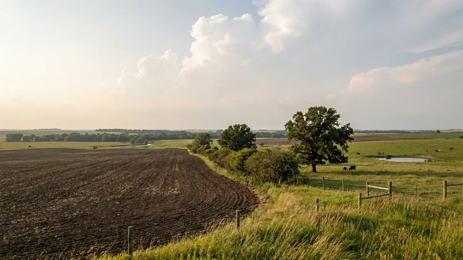 Broad rolling western Missouri cropland near Kansas City with dark prairie soil, an osage-orange hedgerow and standing bur oaks.