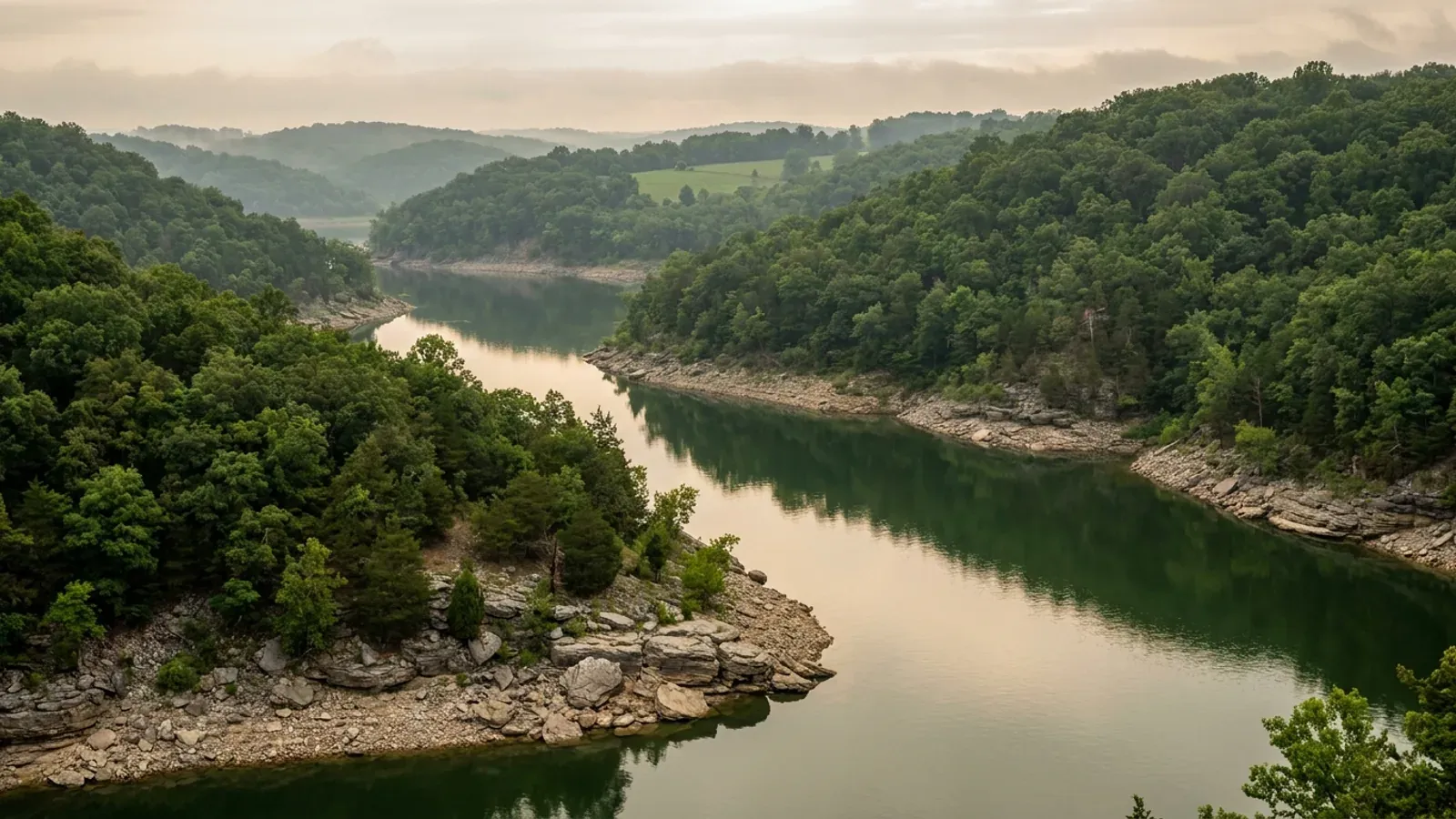 A wooded cove at the Lake of the Ozarks with grey dolomite bluffs, cedar on the rock faces and oak-hickory slopes.