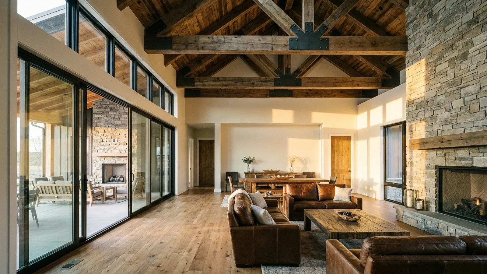 A vaulted barndominium great room with exposed wood trusses, a wall of glazed sliding doors, and a stone-clad fireplace.
