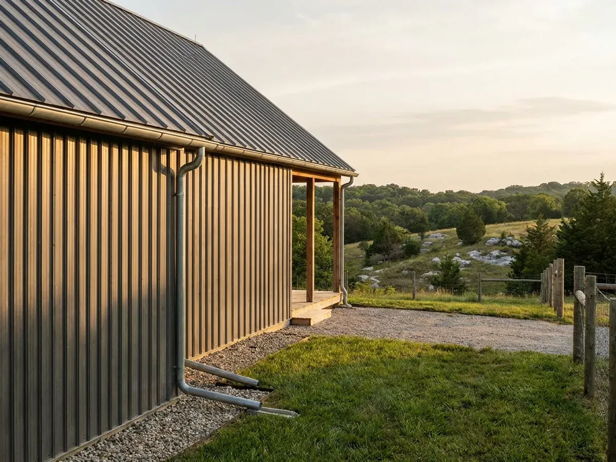 Exterior detail of a metal-clad home showing standing seam roofing, vertical wall panels, and a downspout discharging away from the wall.