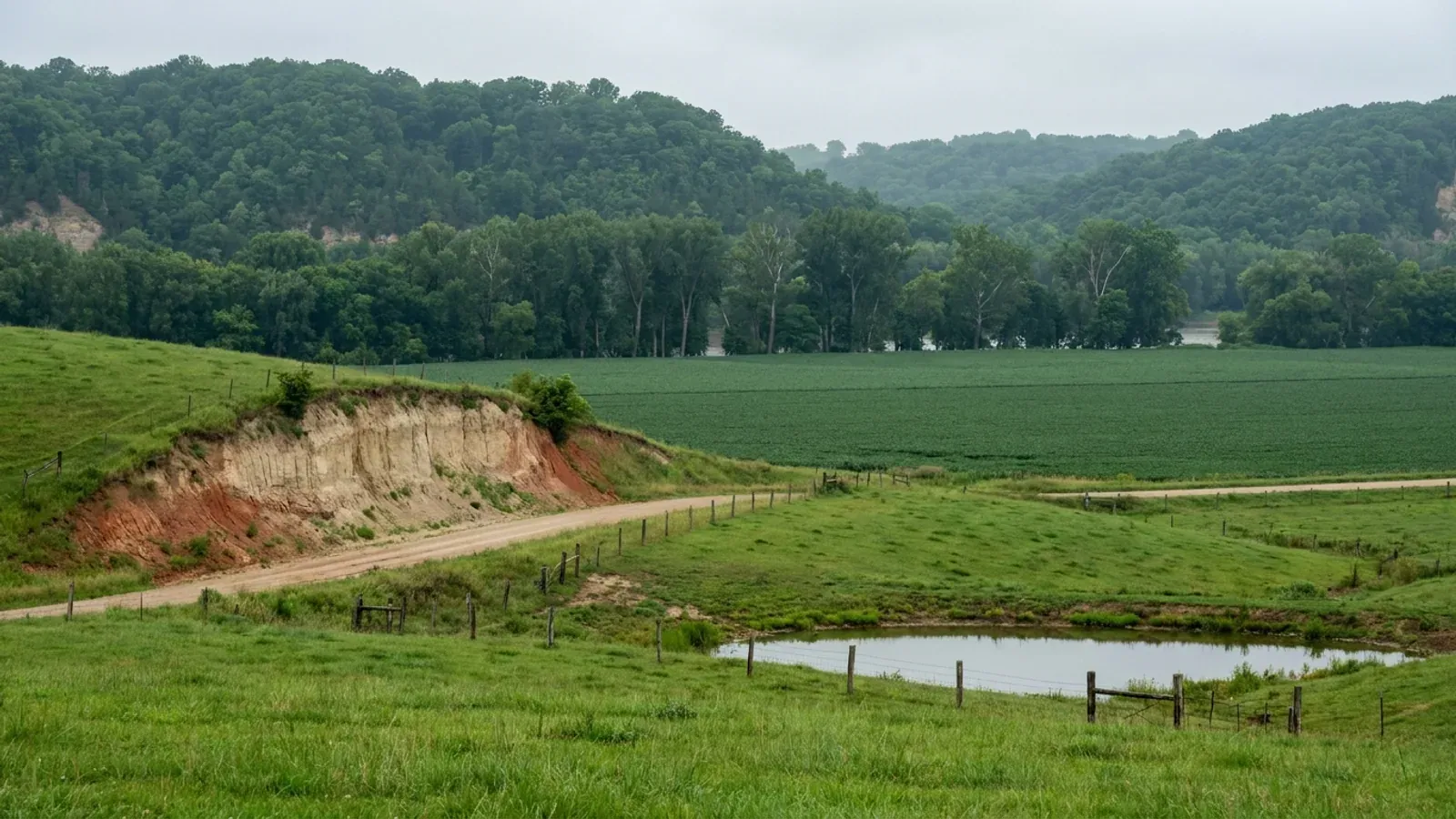Mid-Missouri upland farmland breaking into wooded river bluffs with a loess road cut and bottomland fields beyond.