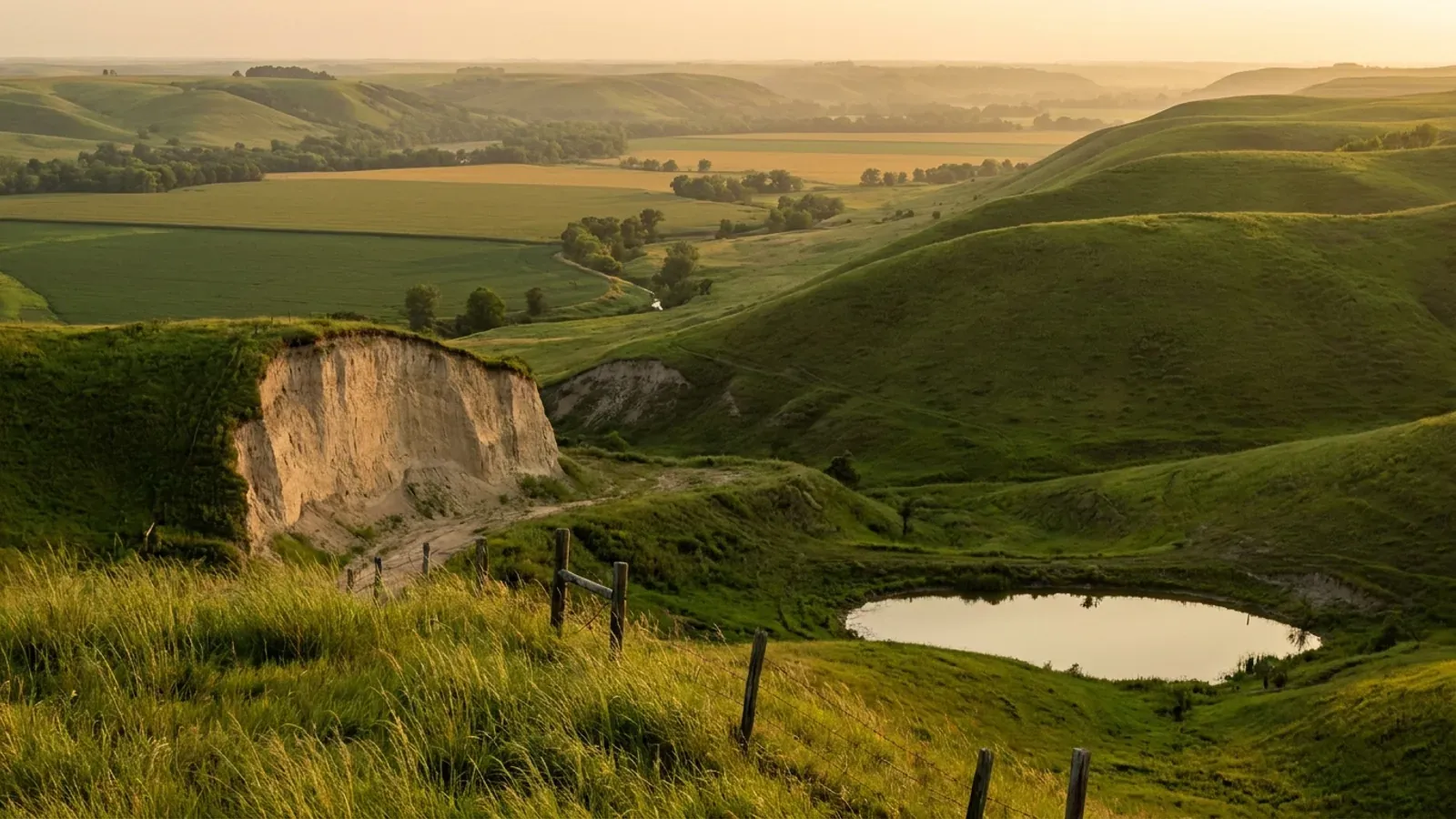 Steep rounded north-west Missouri loess hills in pasture with a sheer pale loess road cut and cropland between.
