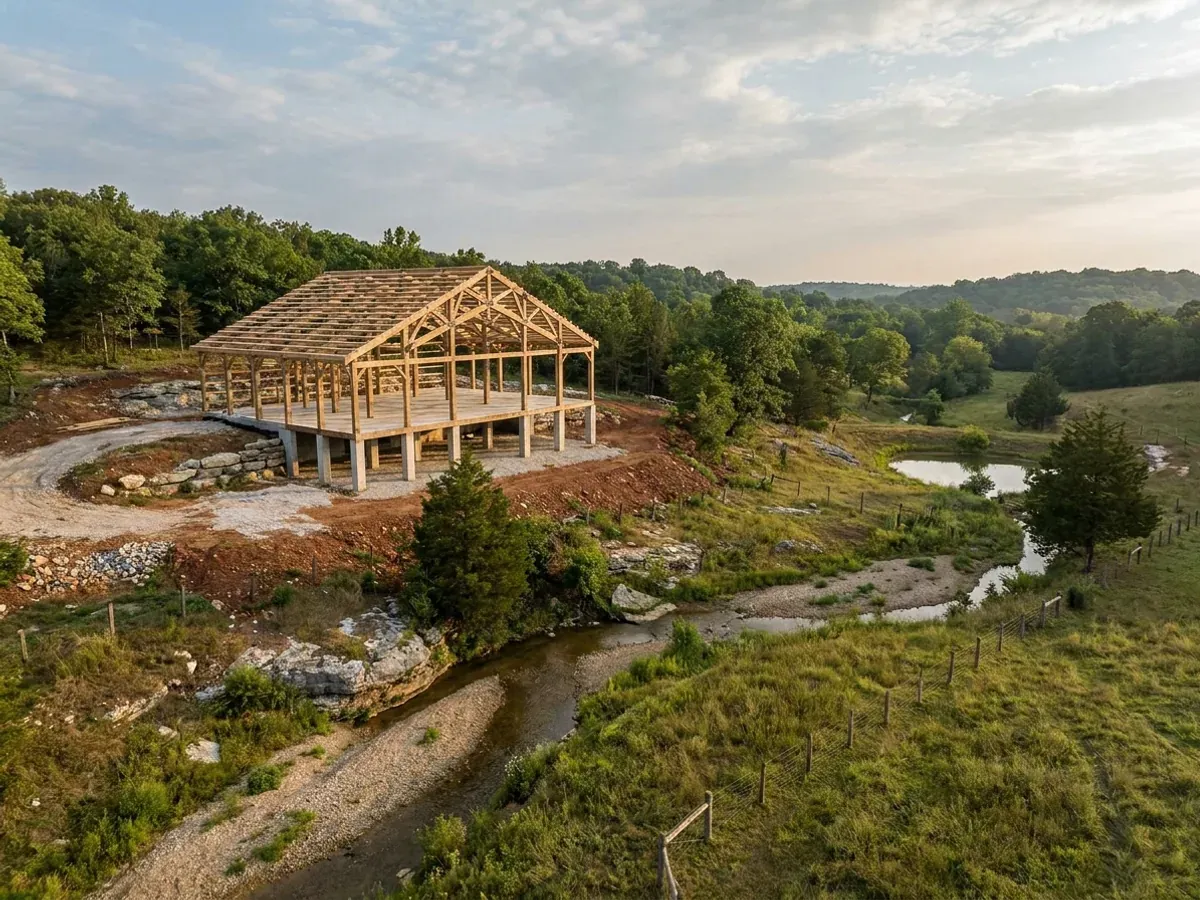 A post-frame home under construction, showing laminated timber columns on concrete piers and wide-span roof trusses with no interior bearing walls.