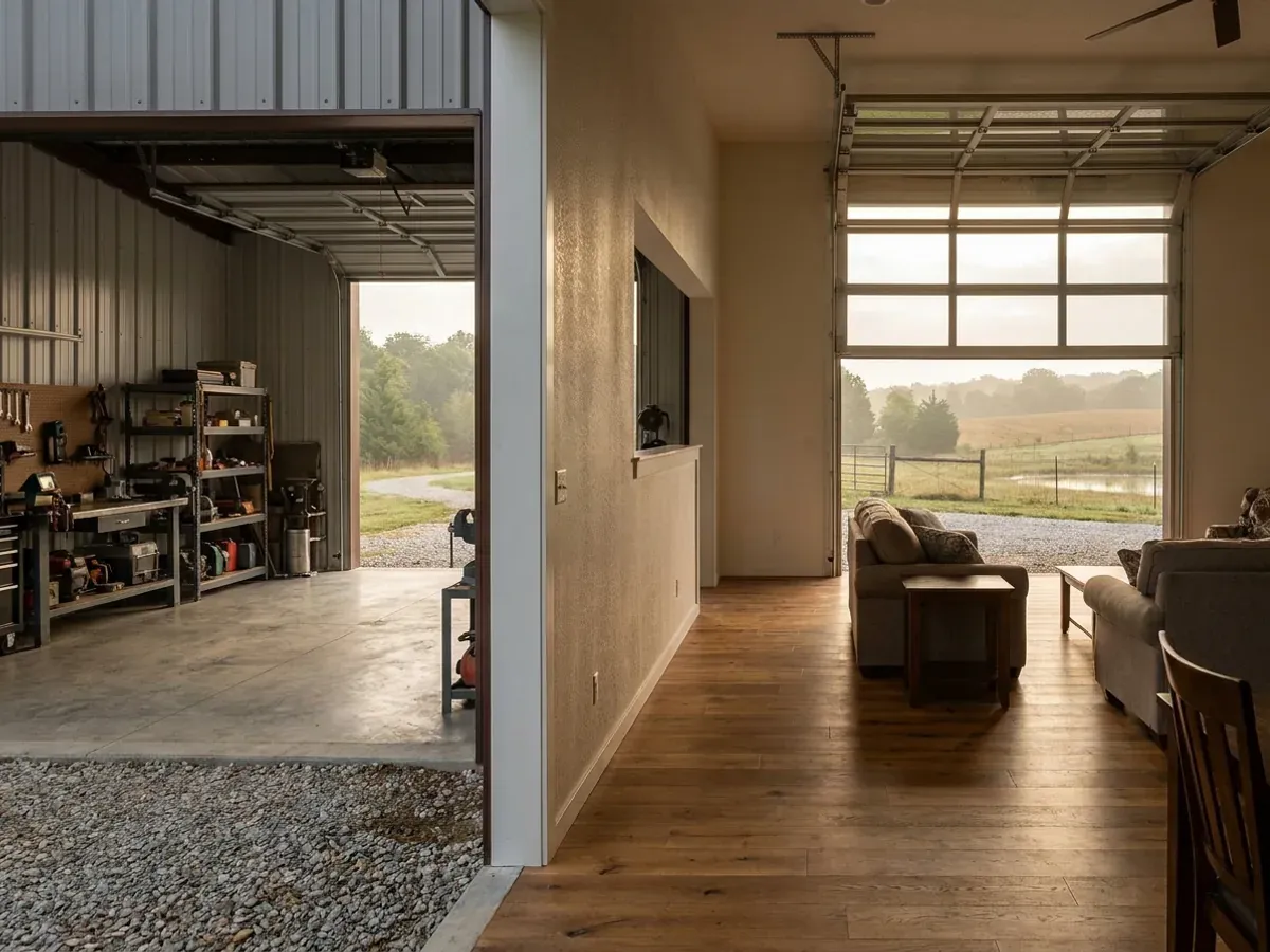 The interior of a shouse where a finished living area with warm flooring meets a shop bay with polished concrete and a tall roll-up door.