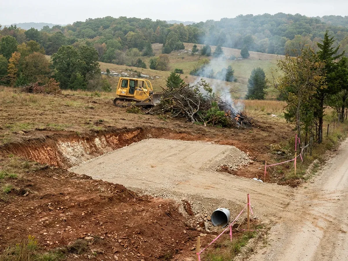 A dozer clearing brush on a rural parcel beside a compacted crushed-stone building pad, with red clay exposed in the cut and a culvert set at the driveway entrance.