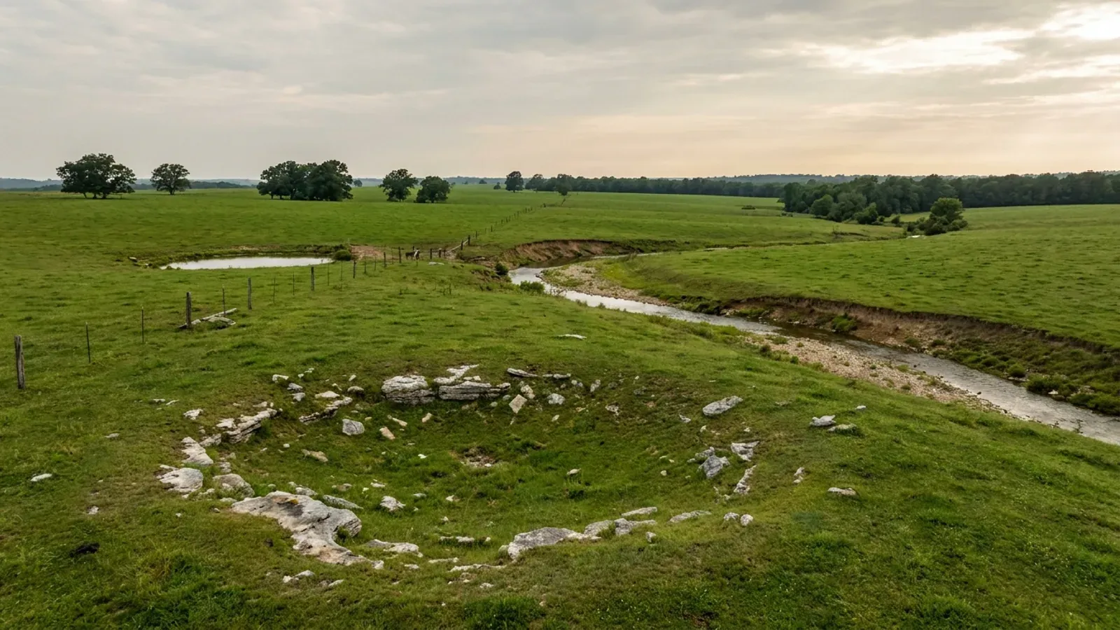 Open Springfield Plateau pasture with a grassed-over karst sinkhole, limestone slabs breaking the turf and a gravel creek.