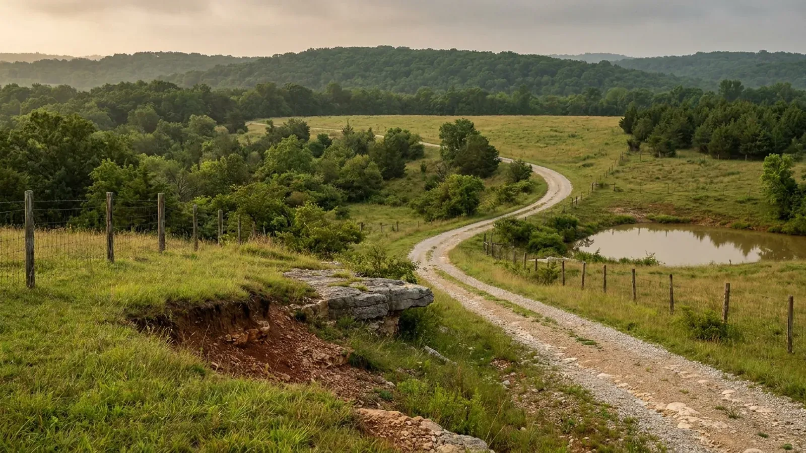 Rolling exurban St. Louis pasture and oak-hickory woodland with a dolomite ledge, chert gravel and cedar in the field edges.