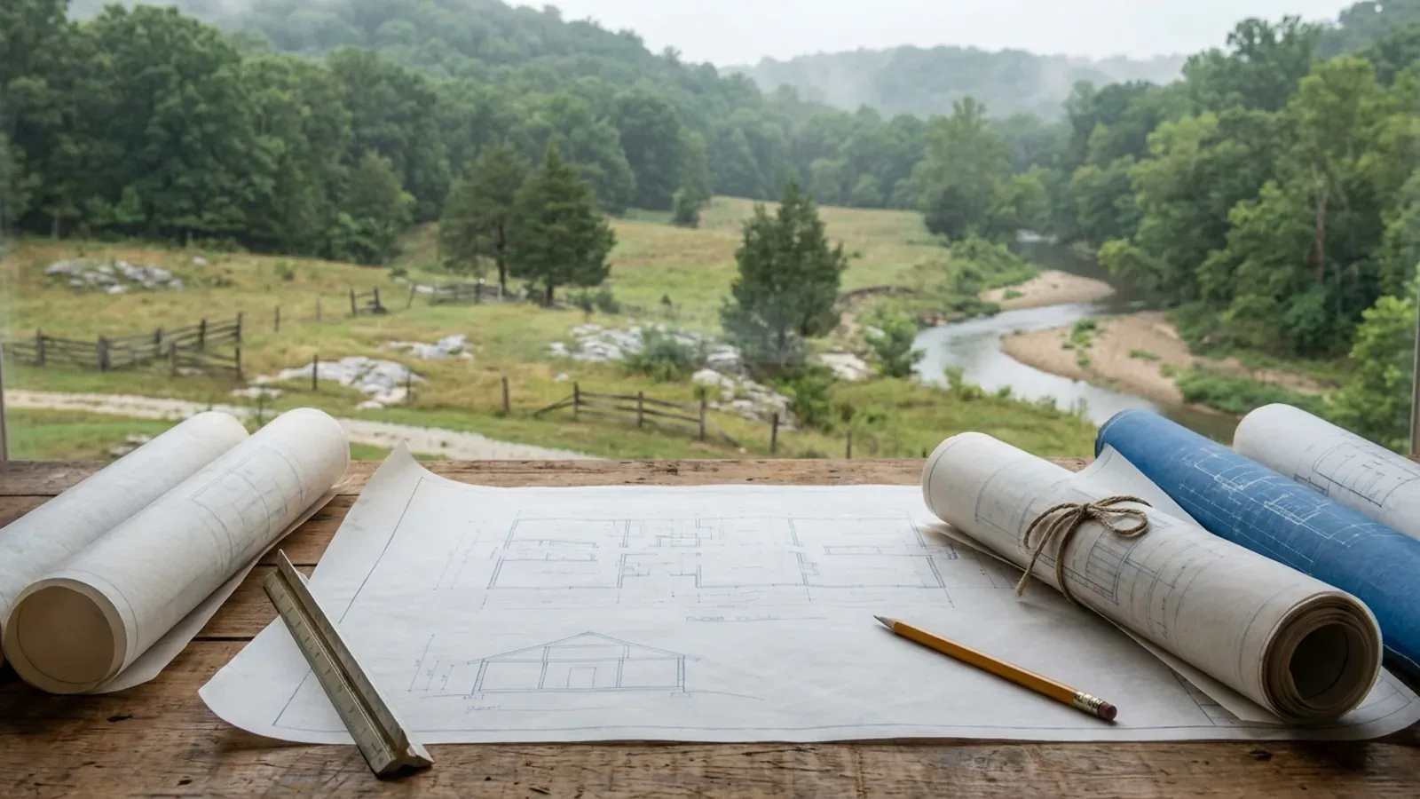 Overhead view of architectural floor plan and structural elevation drawings spread on a workbench with a scale ruler and pencil.